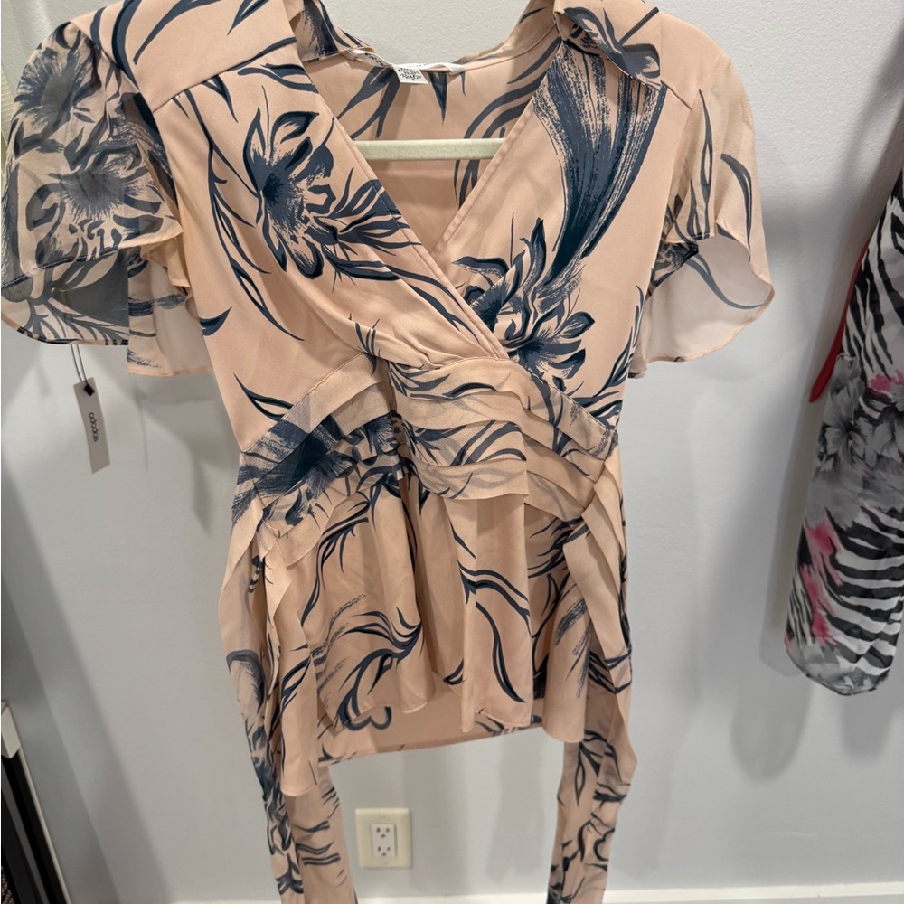 Diane Von Furstenberg Tan and Pink Flutter Sleeve Wrap Blouse